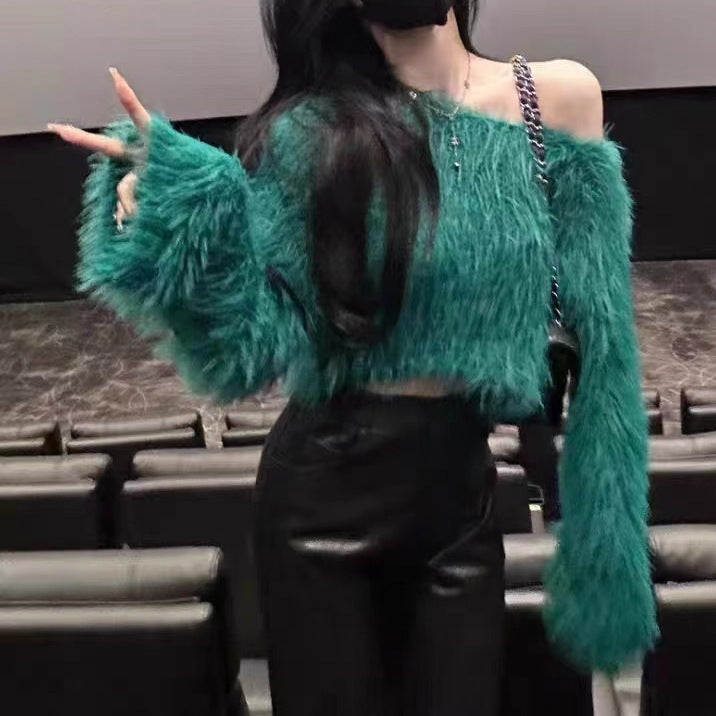 Damen cropped Pullover mit flauschiger Textur und Off-Shoulder-Design Amawinc