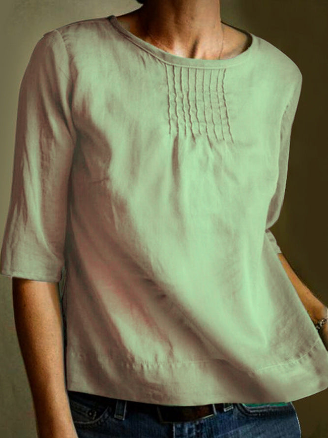 Blouse Femme En Mélange Coton Lin Coupe Ample Manches Trois Quarts Plis Devant Élégante