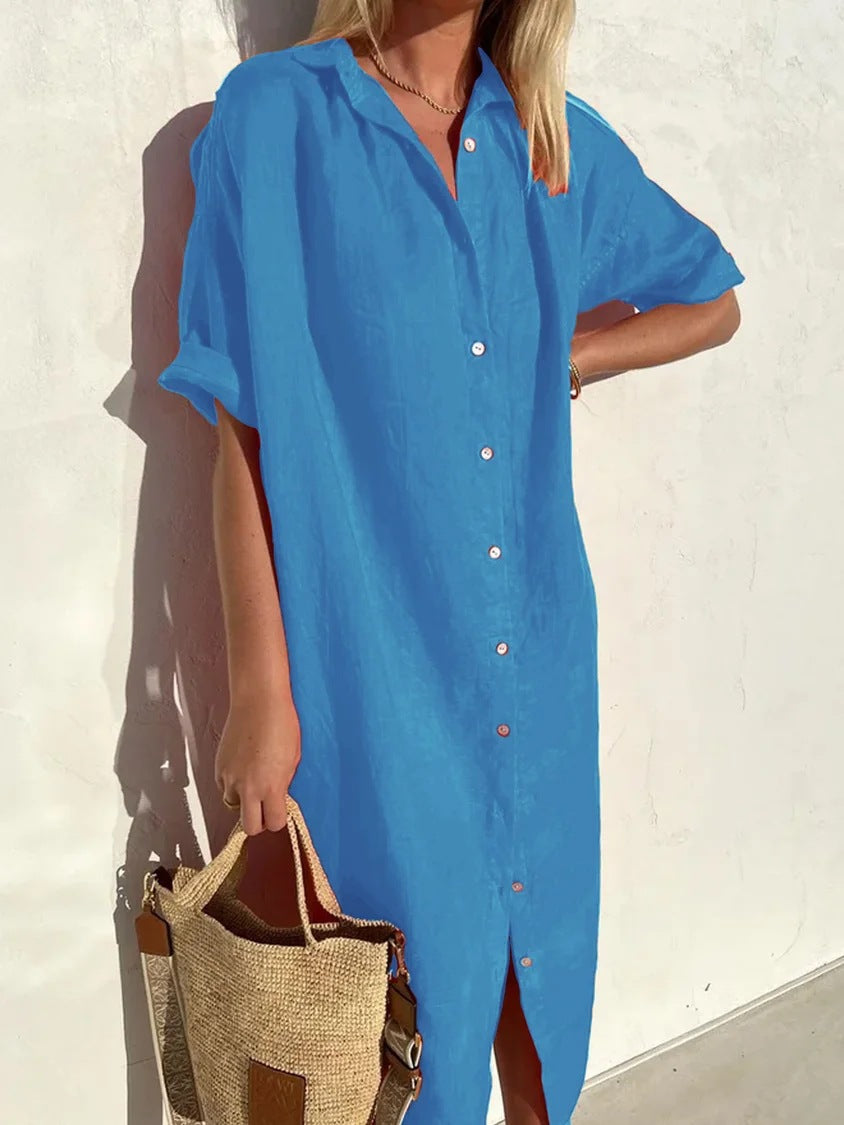 Robe Chemise Femme En Mélange Coton Lin Coupe Décontractée Manches Courtes Boutonnage