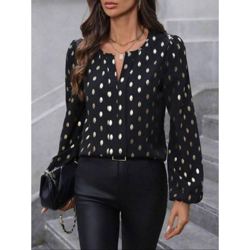 Blouse Femme Manches Longues Coupe Décontractée Motif Pois Col Rond avec Ouverture en Forme de Clé