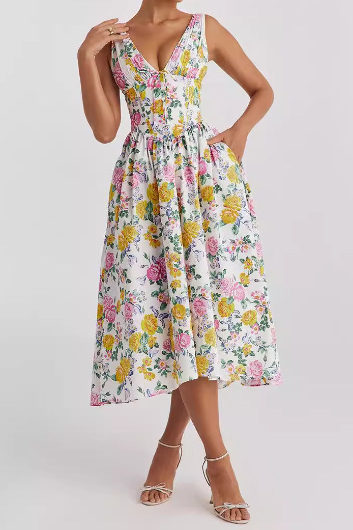 Amawinc Robe Femme Aline Sans Manches Décolleté En V Imprimé Floral Longueur Midi Chic Et Confortable Été