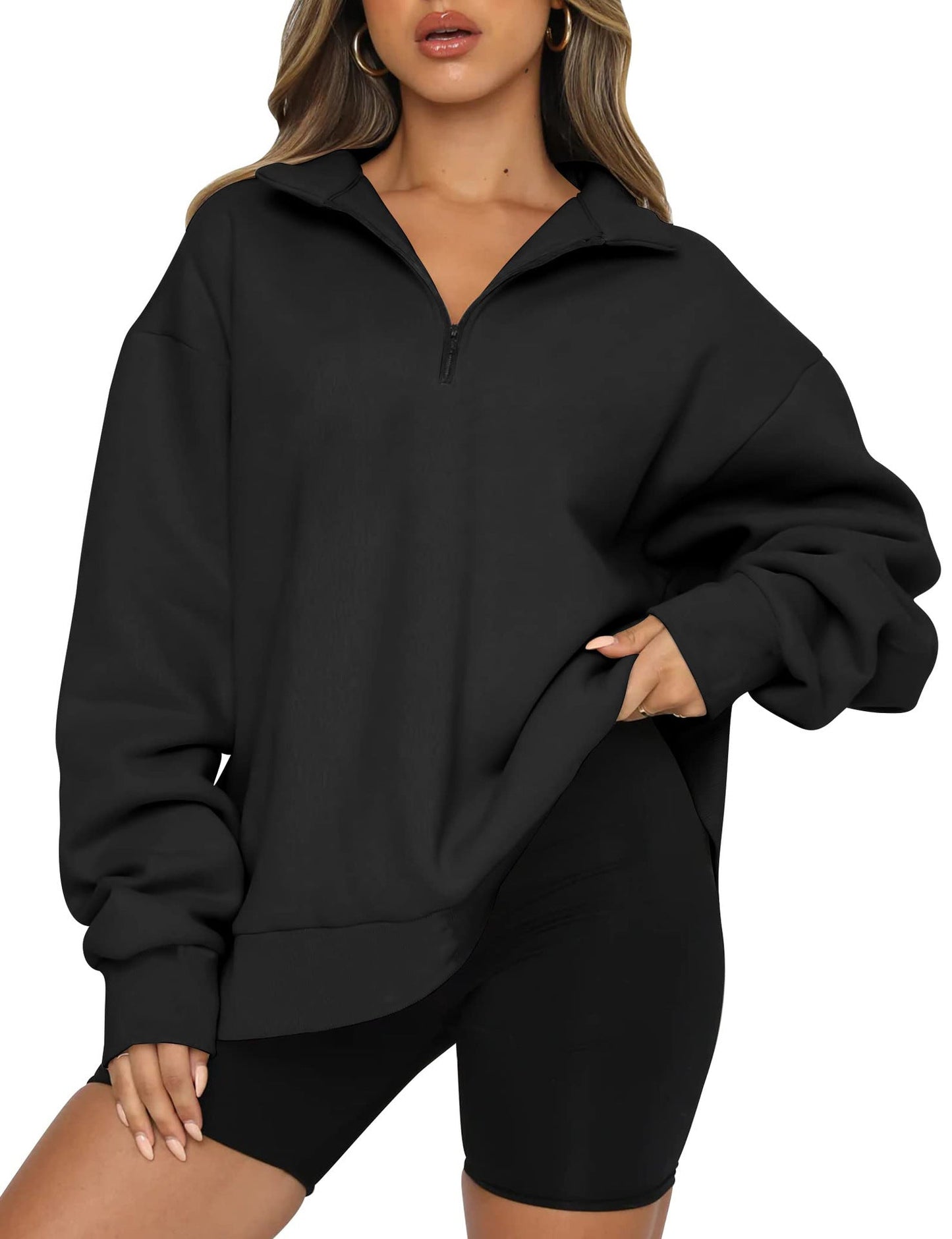 Damen Oversized Sweatshirt mit kurzem Reißverschluss und lässigem Schnitt Amawinc