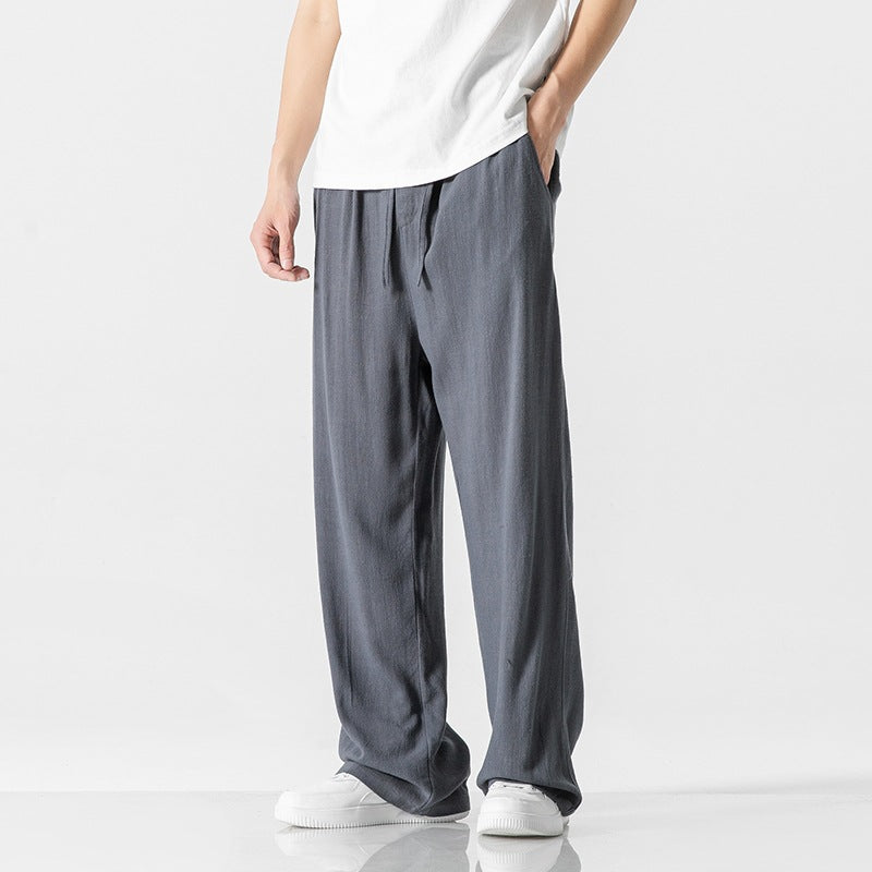 Pantalon Homme Lin Mélangé Avec Ceinture À Cordon Décontracté Coupe Ample Longueur Entière Pour Port Quotidien