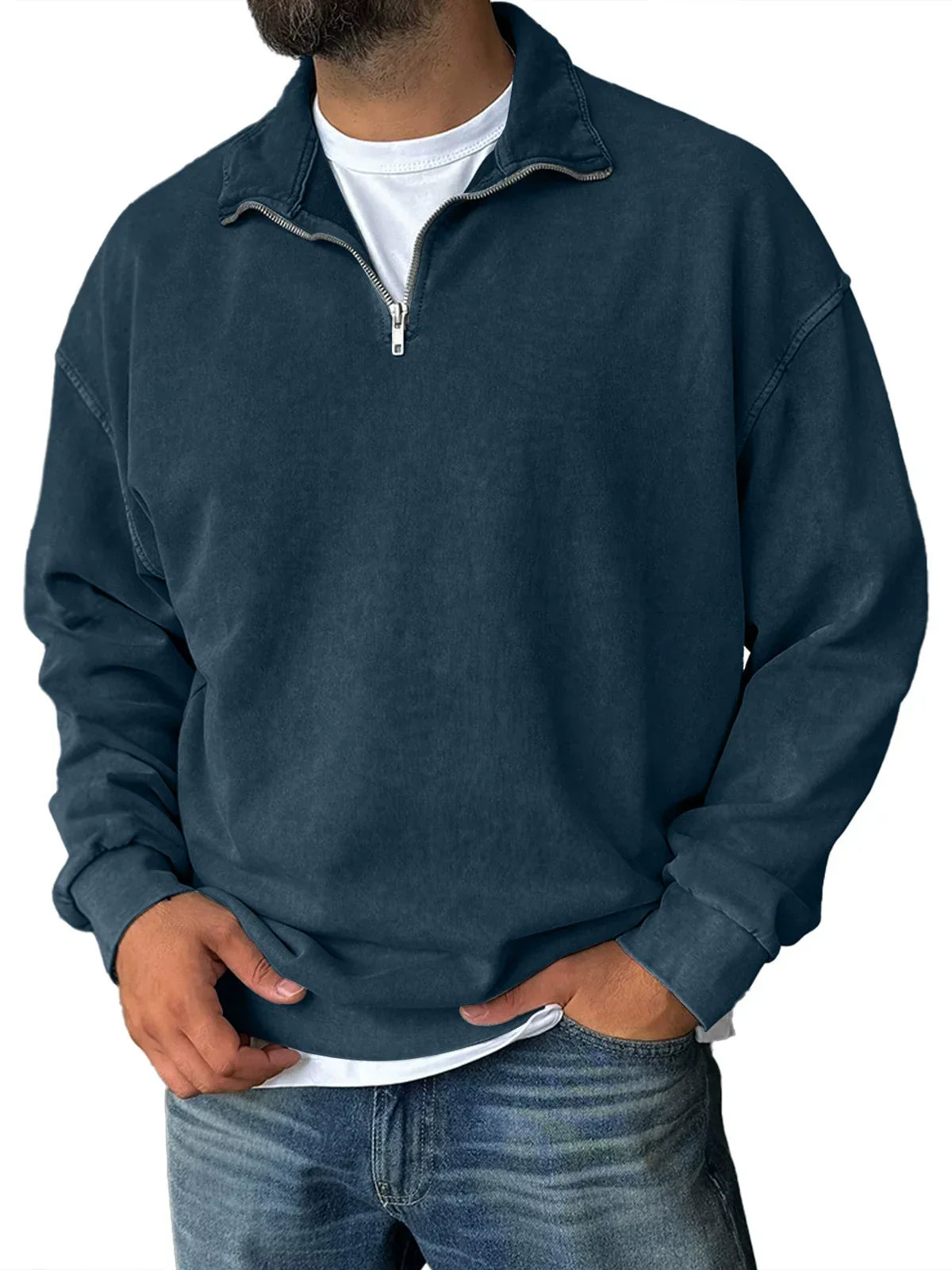 Sweat Homme Demi Zip Col Montant Mélange Coton Coupe Décontractée Épaule Tombante Amawinc