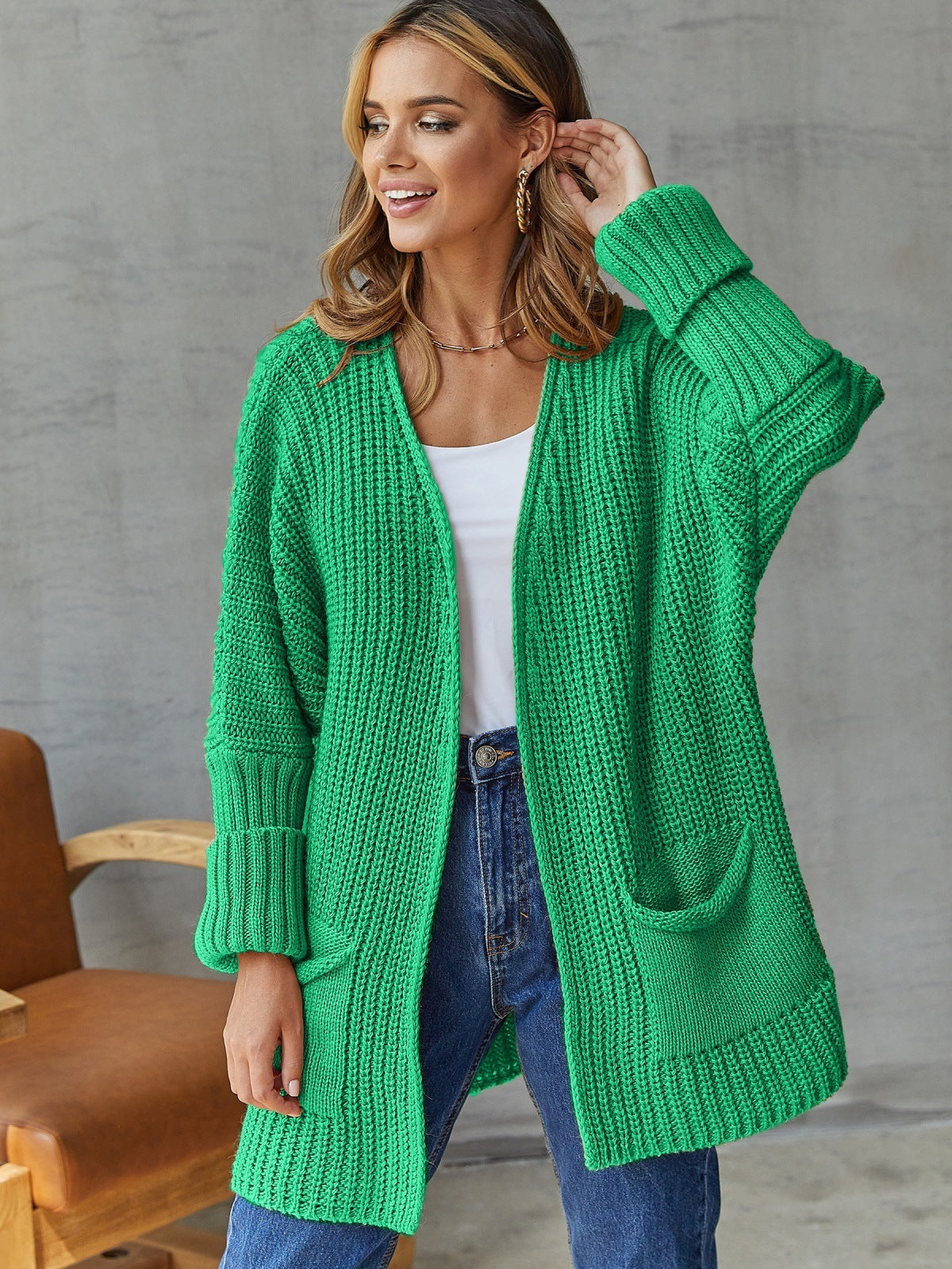 Damen gestrickter Cardigan mit großzügigen Taschen und strukturiertem Design Amawinc