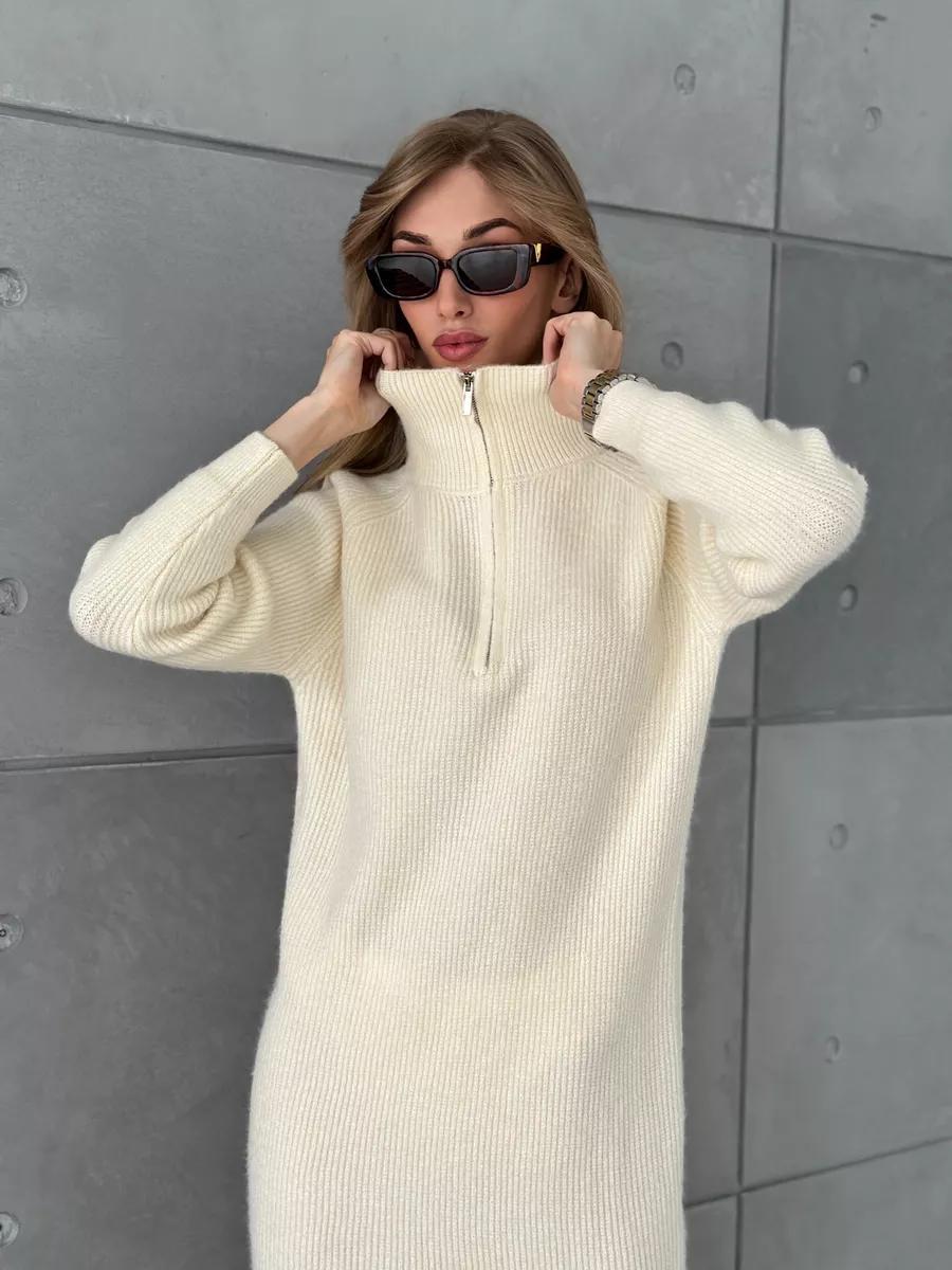 Damen Strickkleid mit Stehkragen und durchgehendem Reißverschluss Amawinc