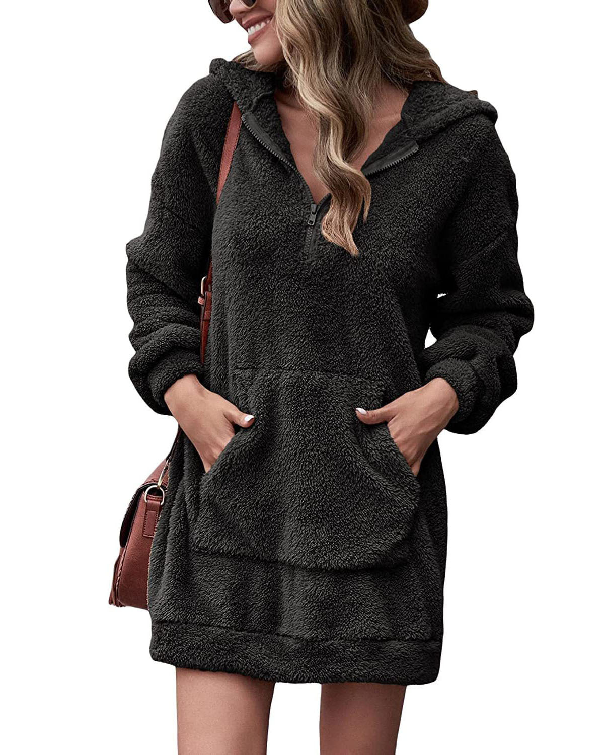 Damen Fleece-Kapuzenkleid mit Taschen und Reißverschluss Amawinc