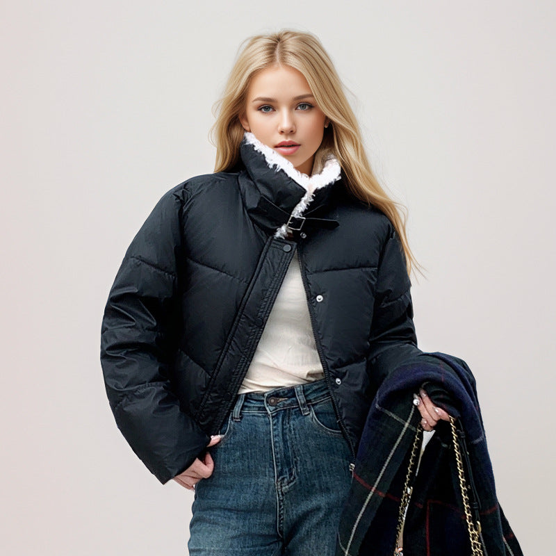 Damen kurze, gefütterte Winterjacke mit elegantem Kunstfellkragen Amawinc