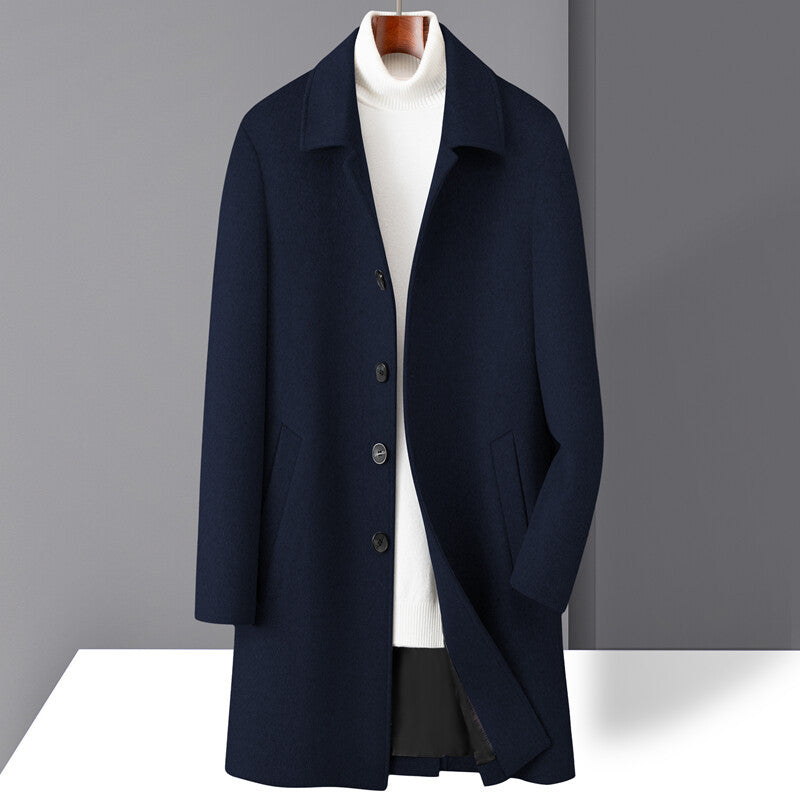 Manteau en Laine pour Homme Mi-Long à Revers à Encoche Boutonnage Simple Coupe Droite Hiver Confortable