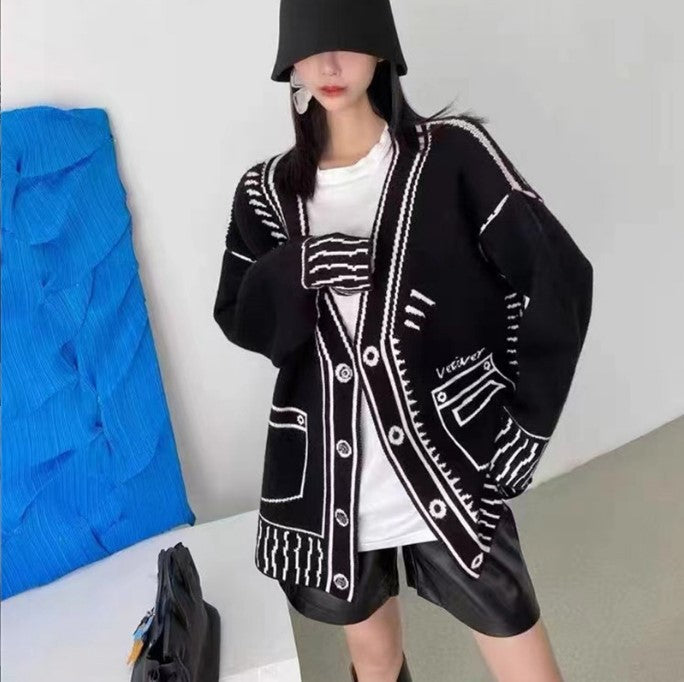 Damen Oversized Strickjacke mit kreativem Design und großen Knöpfen Amawinc