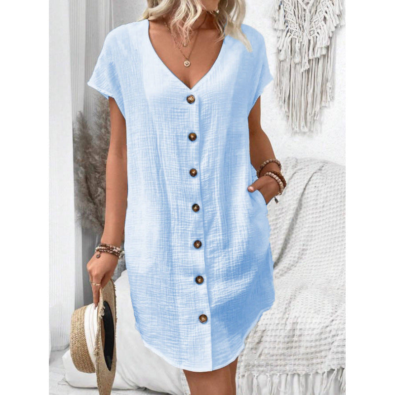 Baumwoll-Leinen Kleid mit V-Ausschnitt und Knöpfen von Fudus