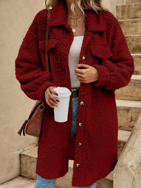 Manteau Long Femme en Polaire Peluche Oversize Bouton Sur Devant Avec Col Revers