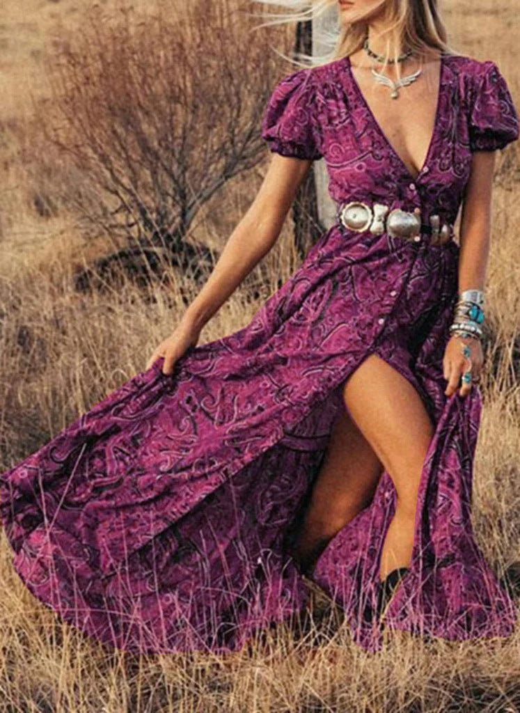 Robe Maxi Femme Cintrée À Taille Ajustée Manches Bouffantes Avec Fente Avant Bouton Détail Amawinc
