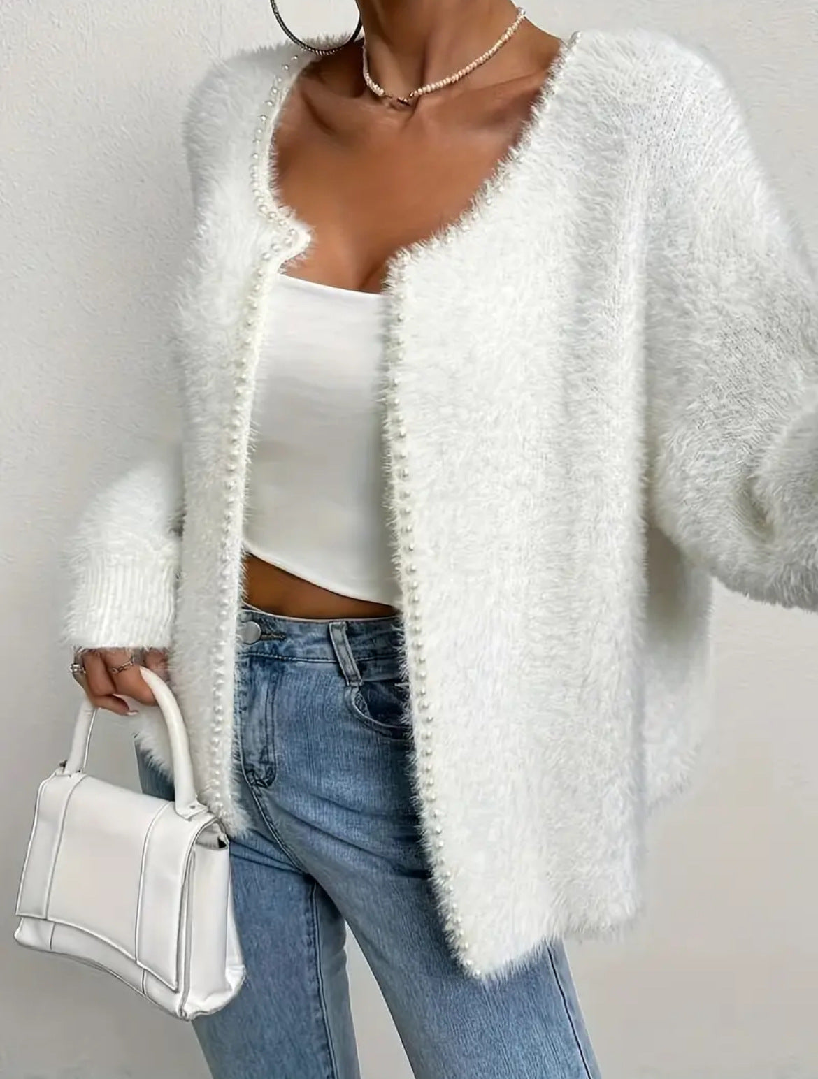 Damen Flauschiger Cardigan mit Perlknöpfen und lässigem Schnitt Amawinc