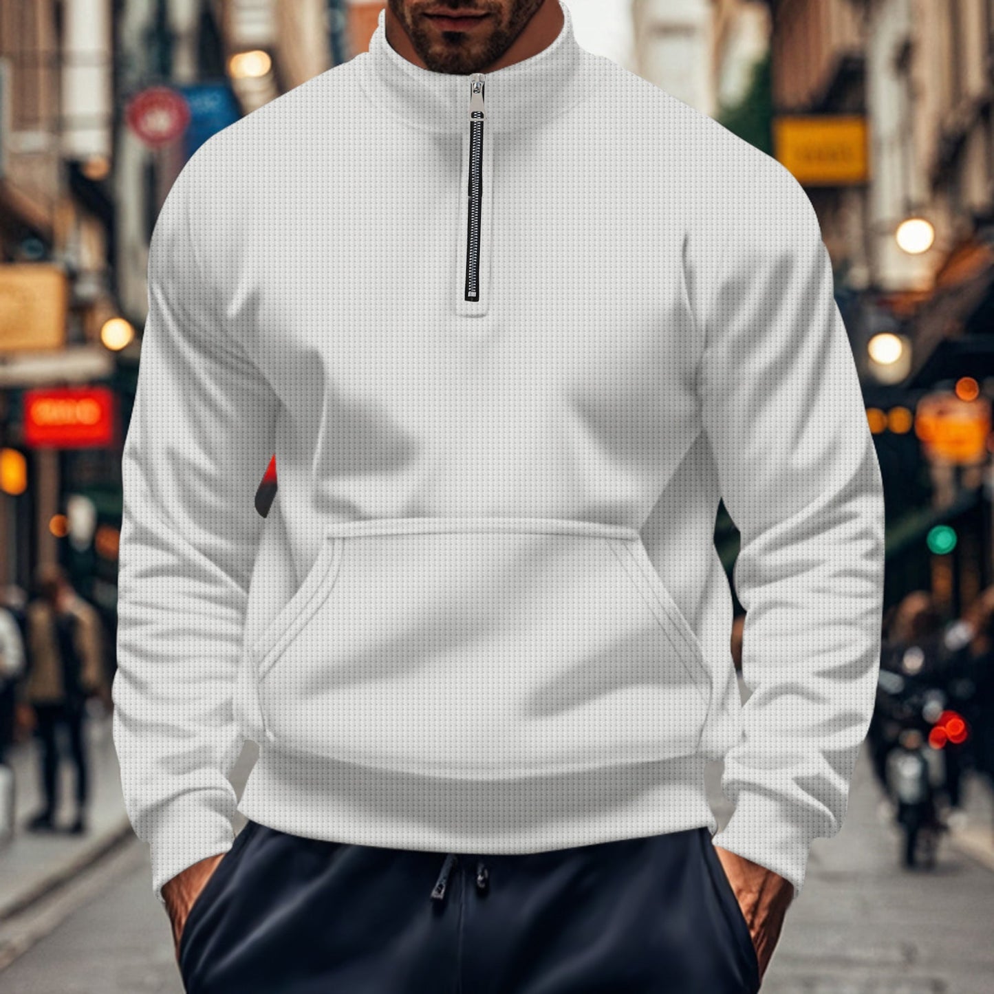 Amawinc Sweatshirt Homme Coupe Décontractée Demi Zip Poche Kangourou Tricot Coton Bord Côtelé Pour Tous Les Jours