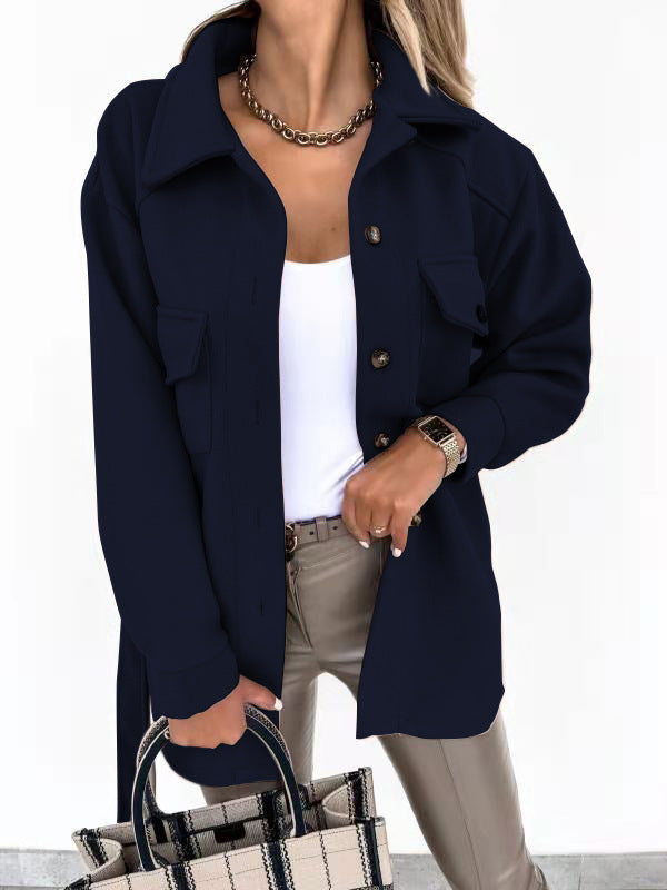 Damen Modische Overshirt-Jacke mit aufgesetzten Taschen und Knopfverschluss Amawinc