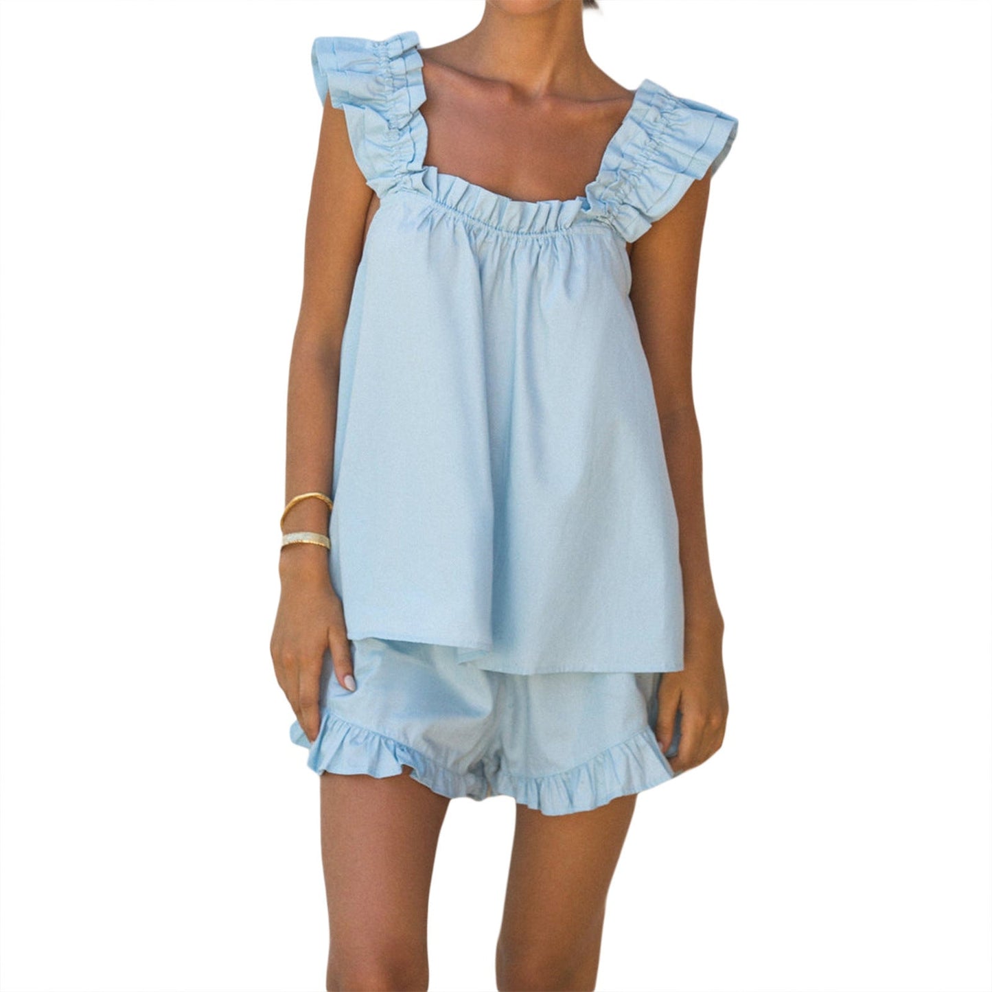 Damen luftiges Top mit Rüschendetails und lässigen Shorts Amawinc