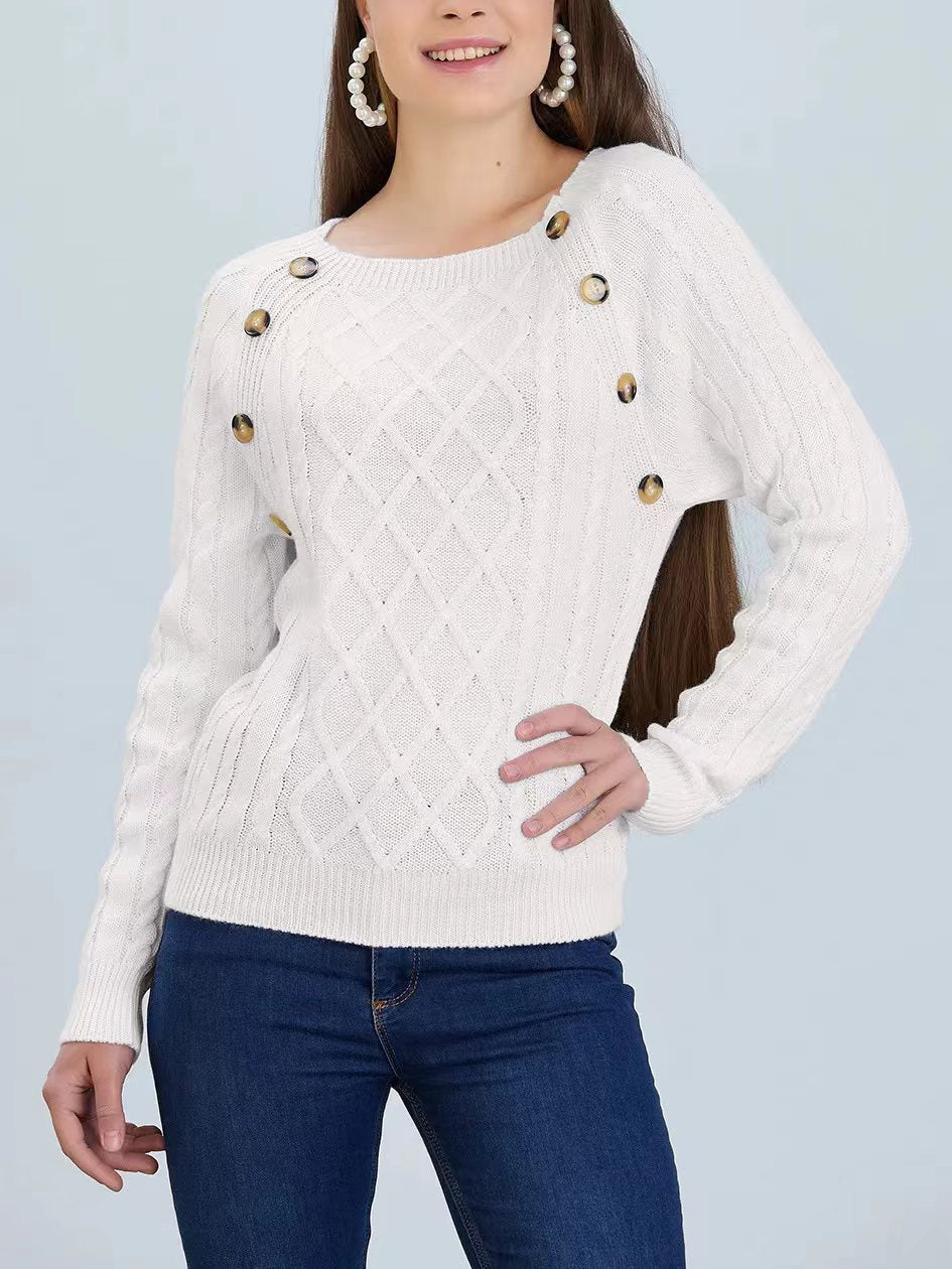 Damen Strickpullover mit klassischem Rautenmuster und dekorativen Knöpfen Amawinc