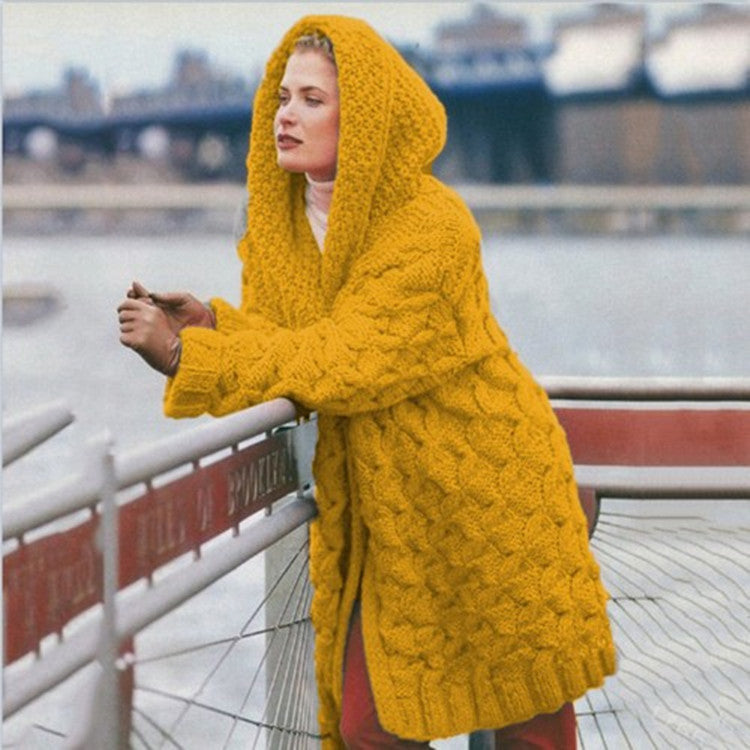 Damen oversized Grobstrickmantel mit Kapuze Amawinc