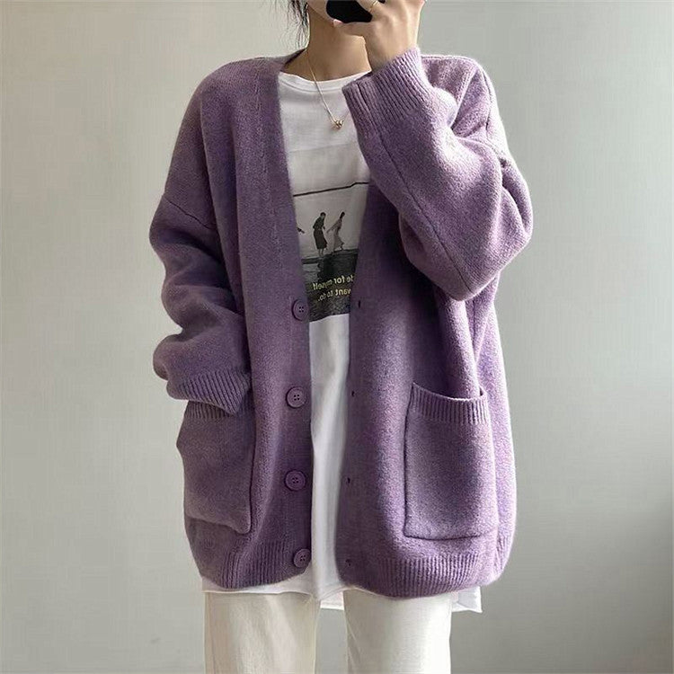 Damen Grob gestrickter Cardigan mit Taschen und V-Ausschnitt Amawinc