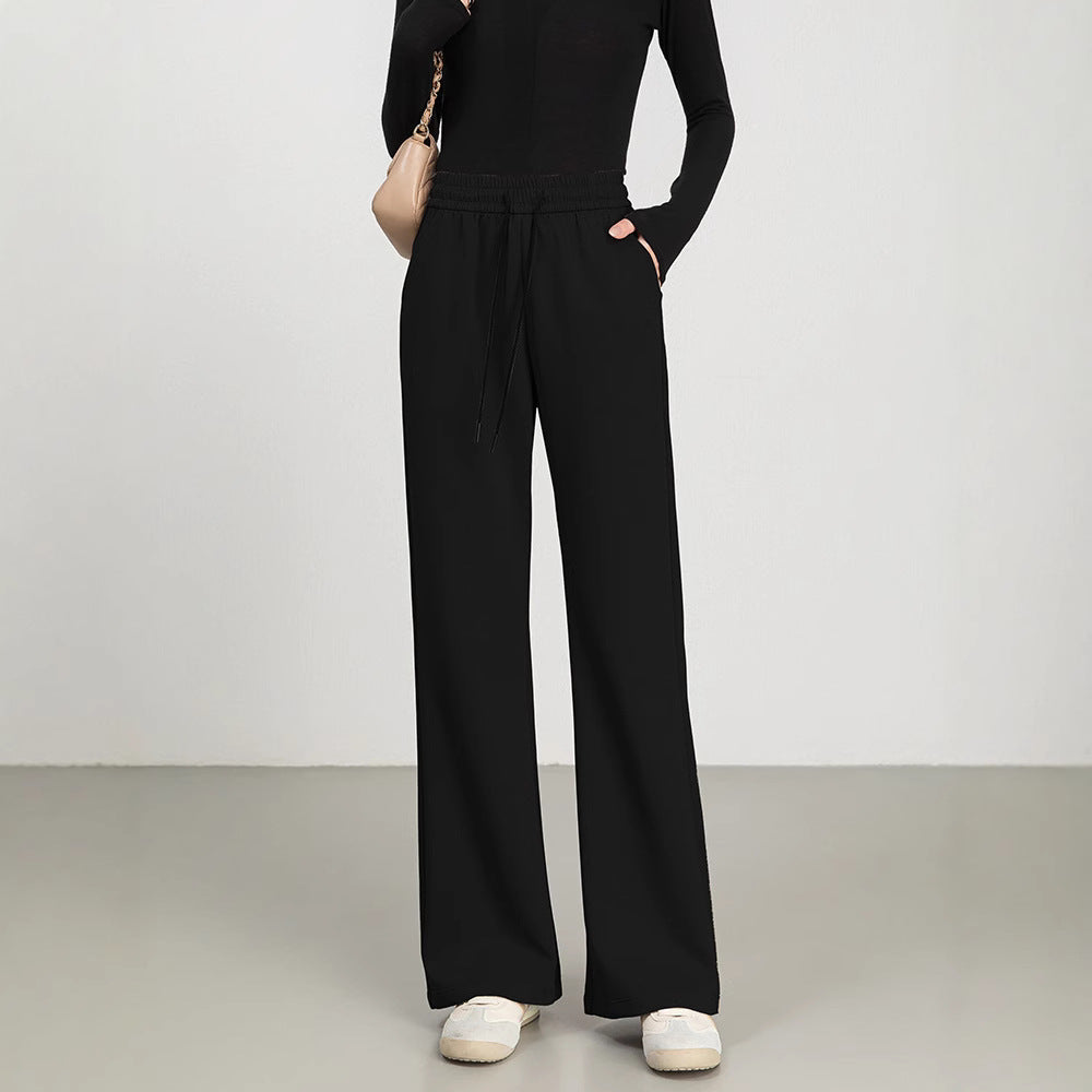 Pantalon Femme à Jambe Large Taille Haute Mélange de Coton Avec Ceinture à Cordon et Taille Élastique