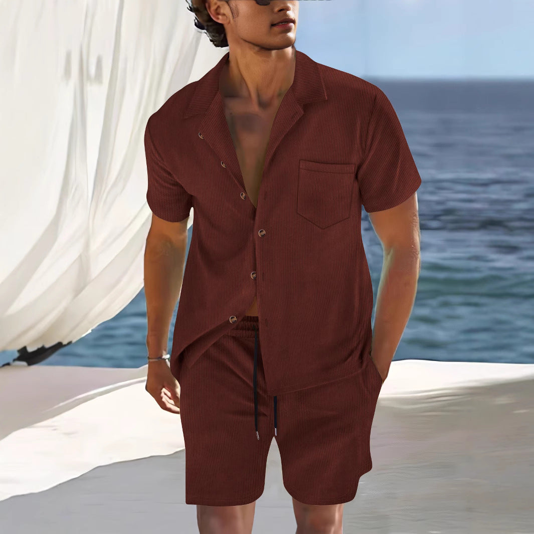 Ensemble Homme Chemise Et Shorts Coupe Décontractée Col Cubain Coton Mélangé Léger Pour Été