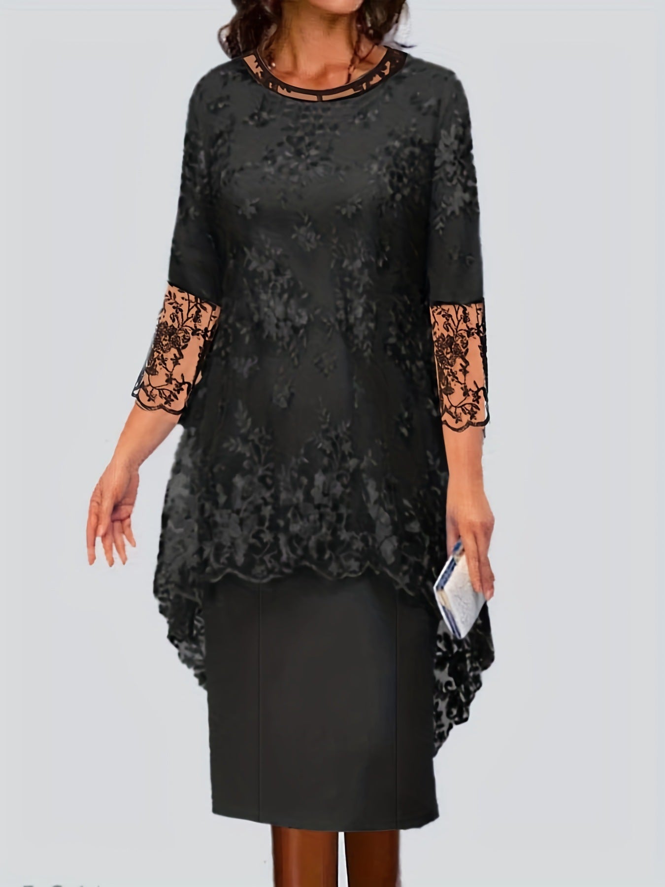 Damen Elegantes Blusen-Kleid mit floralen Spitze-Ärmeln und schwingendem Saum Amawinc