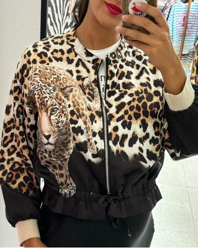 Damen entspannte Bomberjacke mit extravagantem Leoparden-Motiv Amawinc