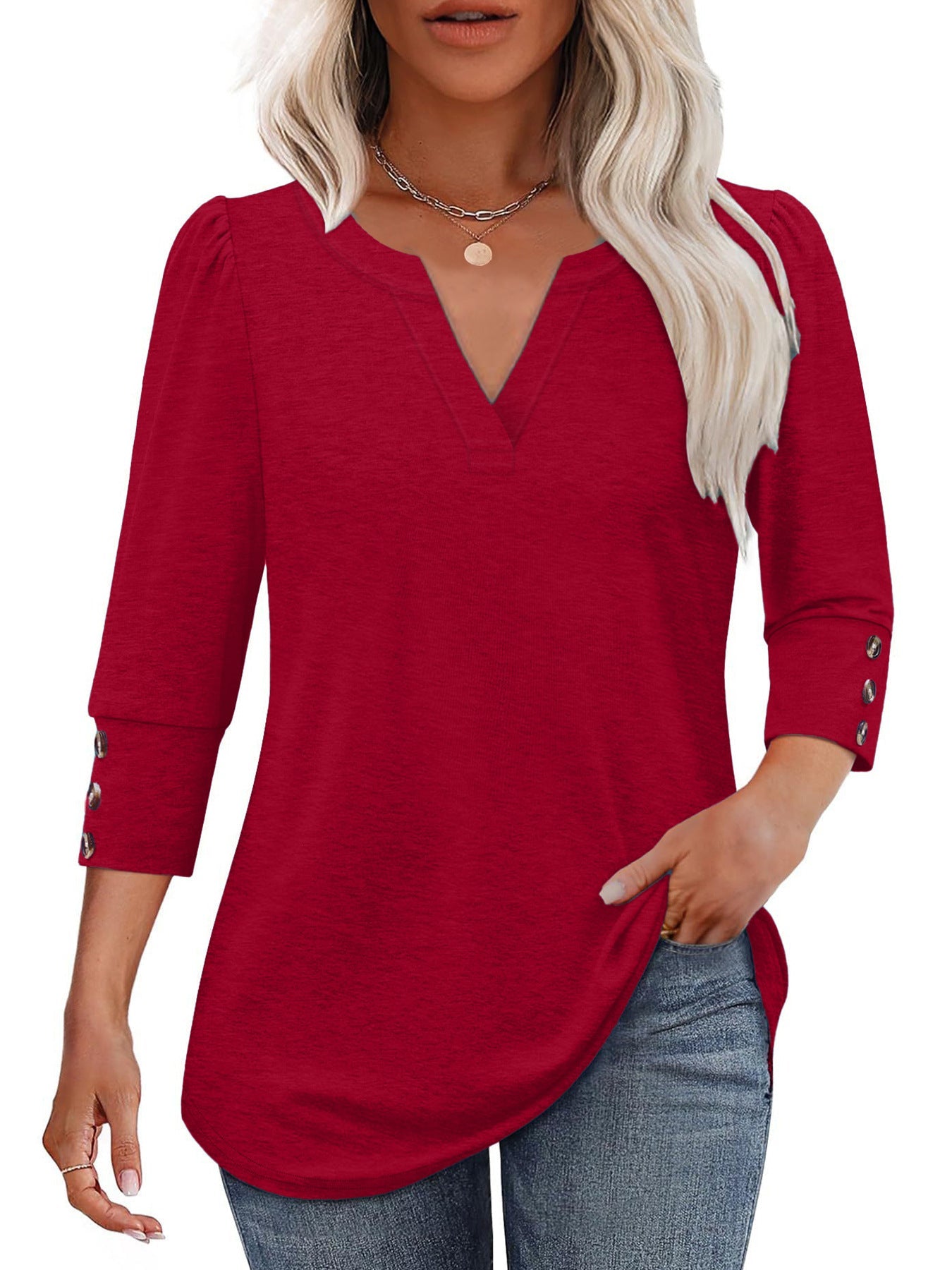 Damen V-Ausschnitt Bluse mit dekorativen Knopfdetails Amawinc