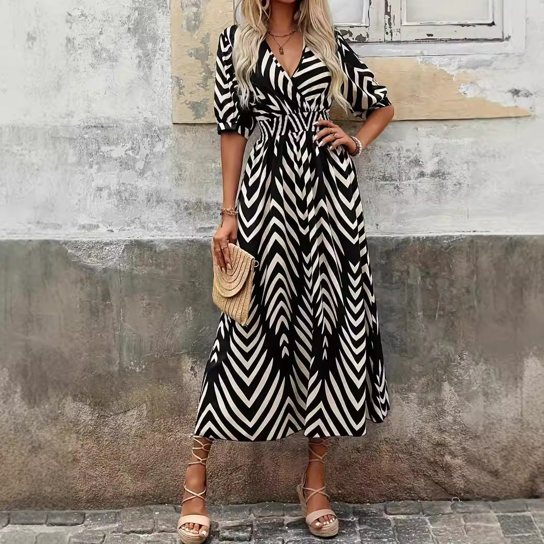 Robe Femme Midi A Ligne Avec Encolure V Croisée Ceinture Manches Bouffantes Chevron