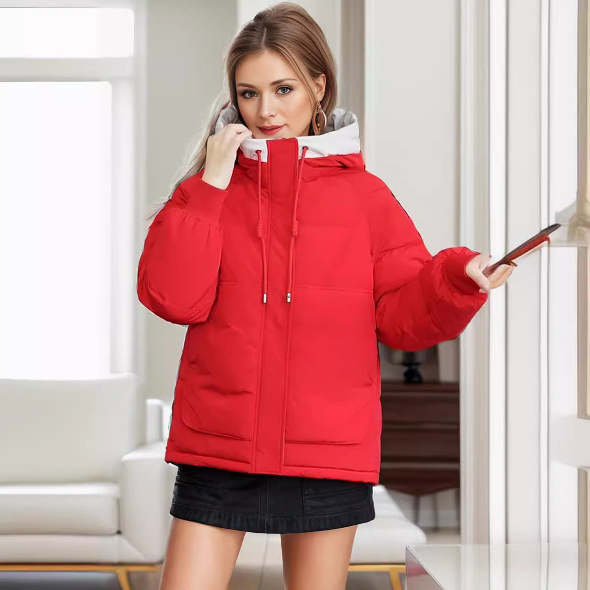 Damen modische Steppjacke mit abnehmbarer Kapuze und komfortabler Passform Amawinc