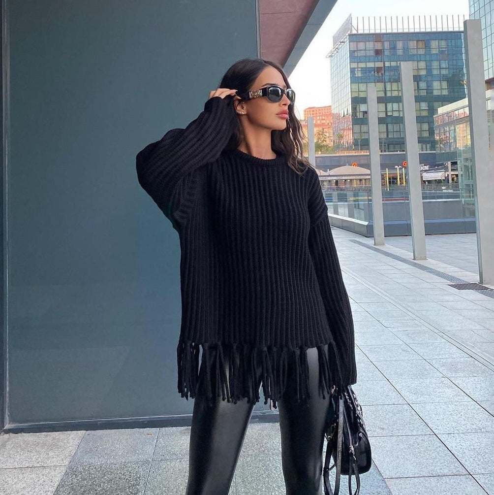 Pull Femme Oversize En Laine Épaisse Avec Ourlet Frangé En Maille Côtelée Confortable