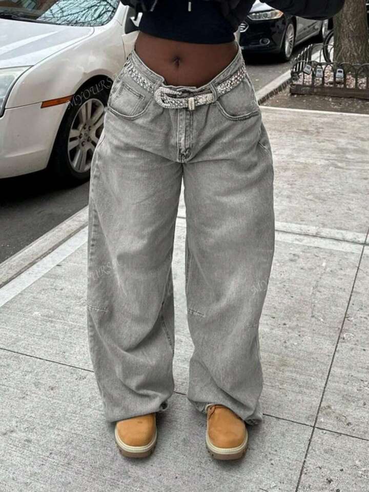 Damen Weit geschnittene Jeanshosen mit funkelndem Gürtel Amawinc