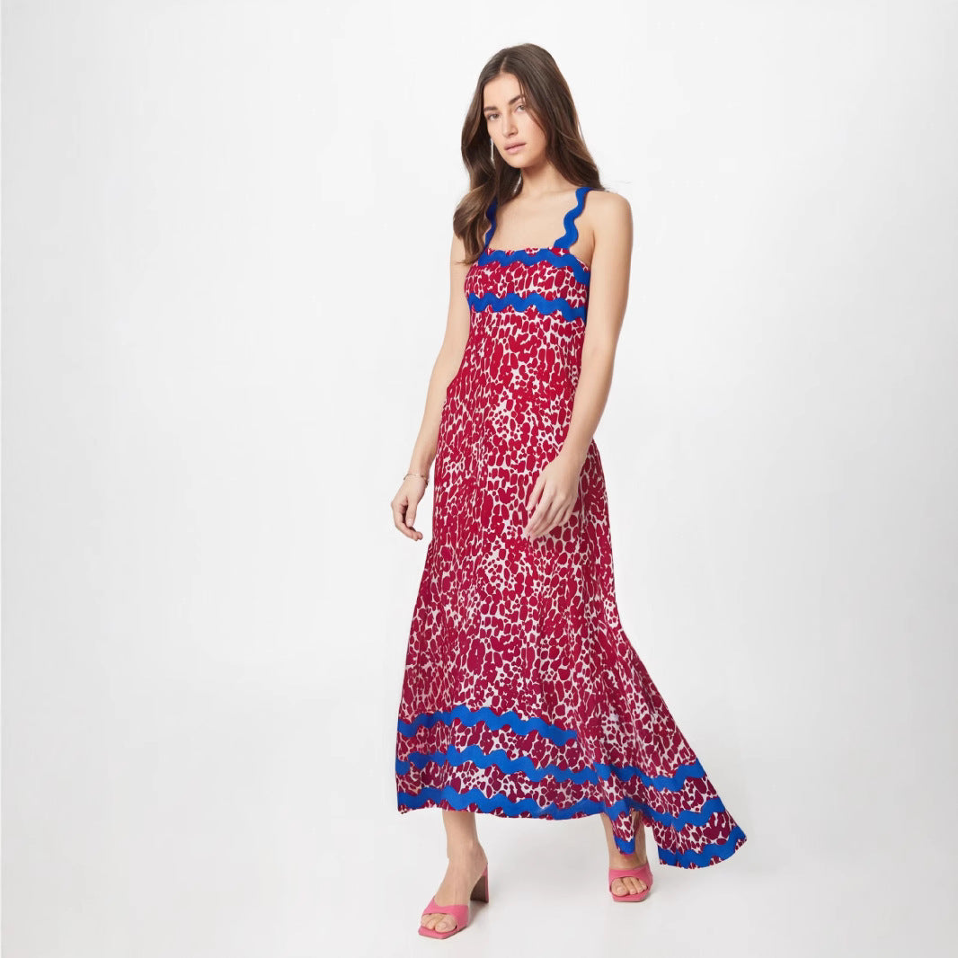Robe Maxi Femme Léger Imprimé Floral Élégant Bretelles Ondulées Bord Délicat Pour Été Et Célébrations Amawinc