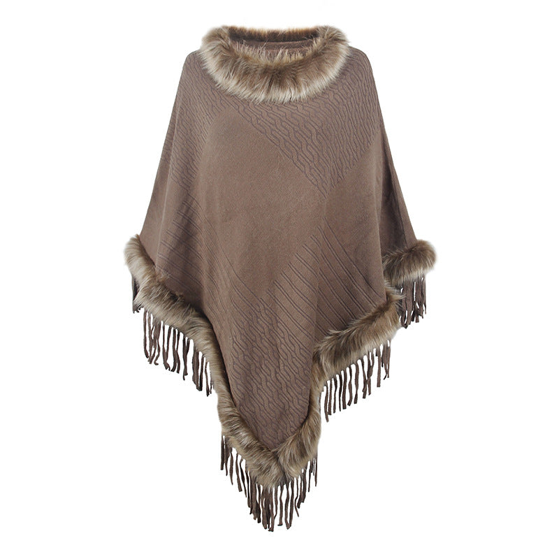 Damen eleganter Poncho mit luxuriösem Kunstfellkragen und dekadenten Fransen Amawinc