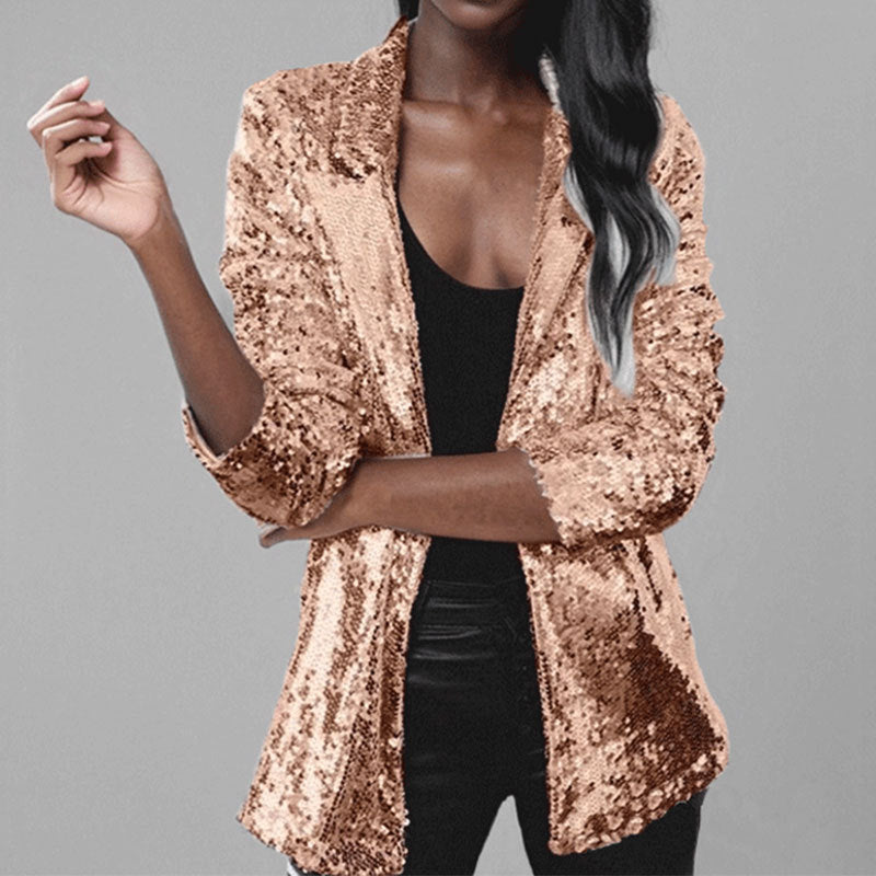 Blazer Femme Revêtu De Sequins À Ouverture Devant Coupe Ajustée Manches Longues Élégant Pour Soirées Festives