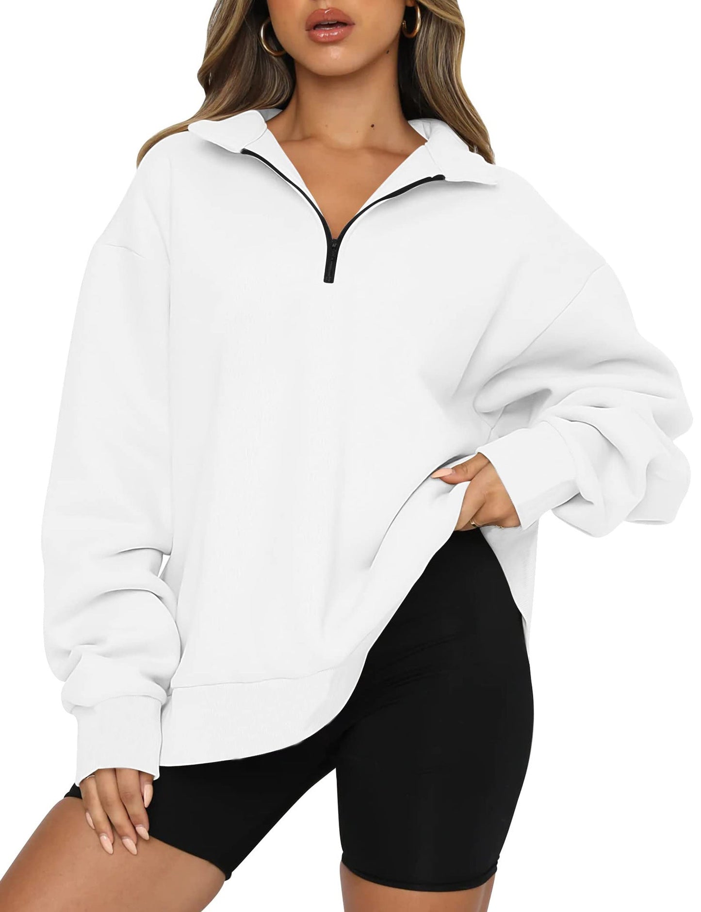 Damen Oversized Sweatshirt mit kurzem Reißverschluss und lässigem Schnitt Amawinc