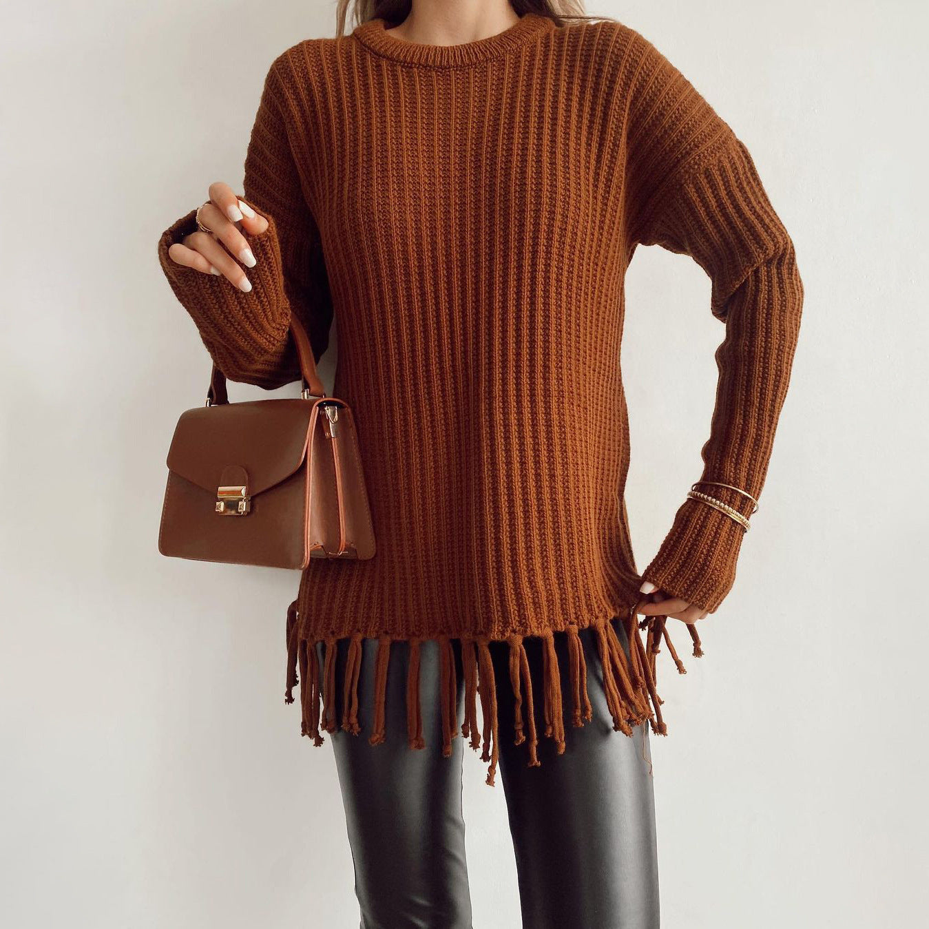 Pull Femme Oversize En Laine Épaisse Avec Ourlet Frangé En Maille Côtelée Confortable