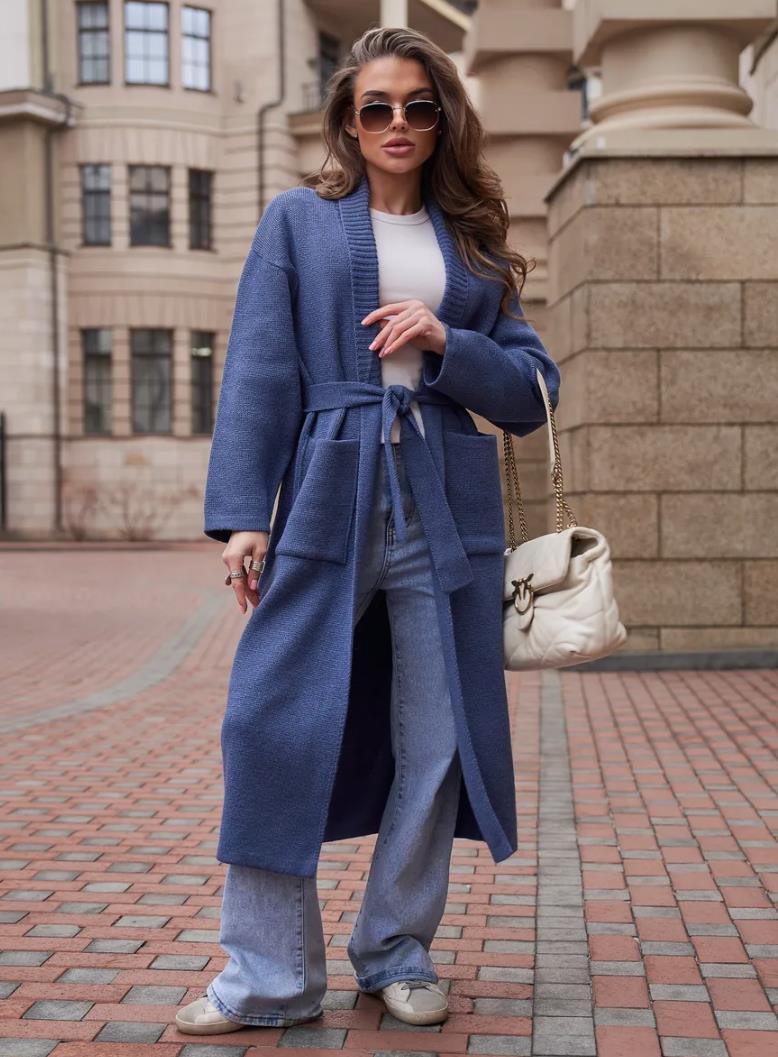 Damen Strickmantel mit Gürtel und praktischen Taschen Amawinc