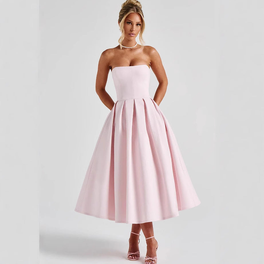 Damen Elegantes Midi-Kleid mit schwingendem Rock und raffiniertem Bandeau-Ausschnitt Amawinc