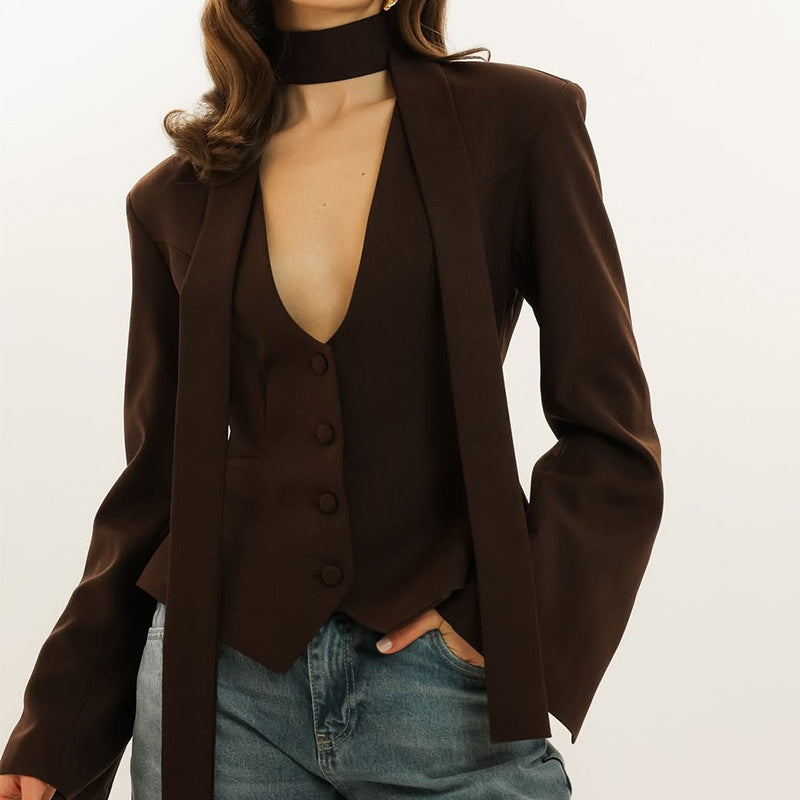 Damen taillierte Blazer-Top mit schmalem Kragen Amawinc