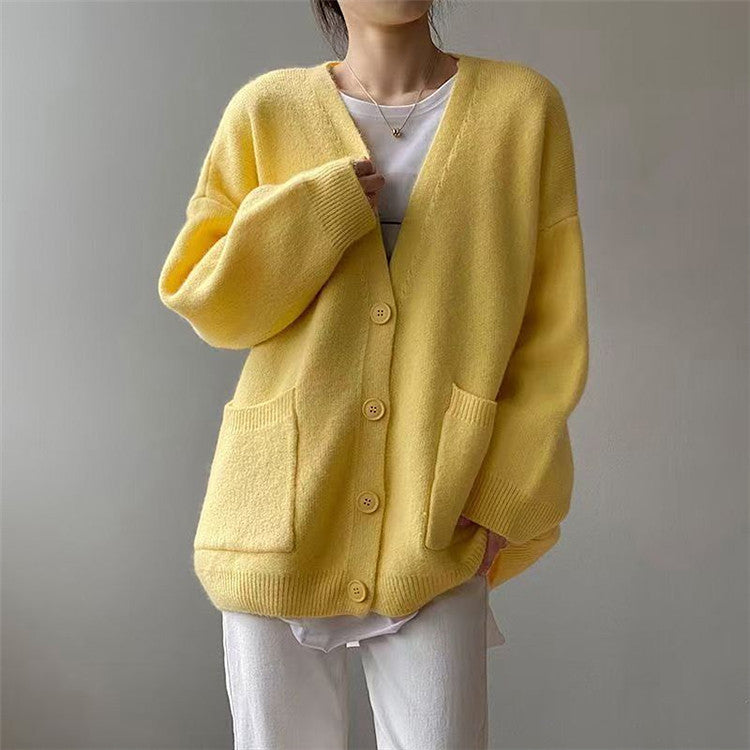 Damen Grob gestrickter Cardigan mit Taschen und V-Ausschnitt Amawinc