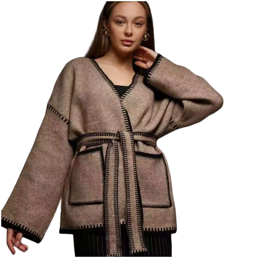 Damen Strickjacke mit großem Revers und praktischen Taschen Amawinc