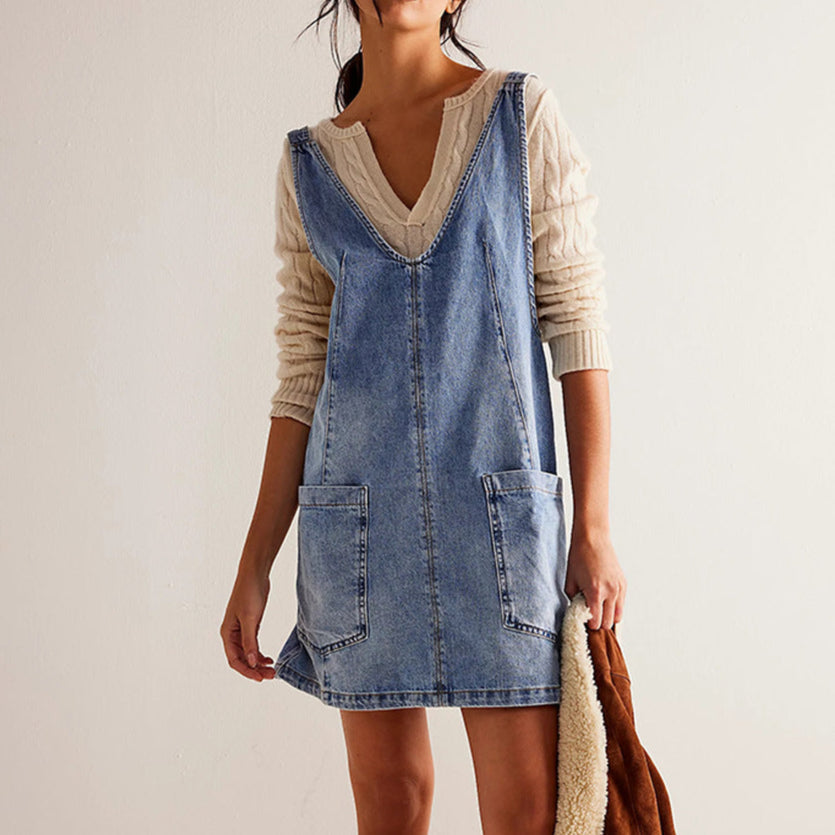 Robe Décontractée Pour Femme Coupe A Ligne Relaxée Col V Sans Manches Poches Patchwork Coton Mélangé