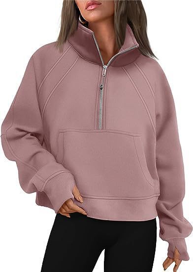 Damen kuscheliger Half-Zip Pullover mit Kapuze und Kängurutasche Amawinc