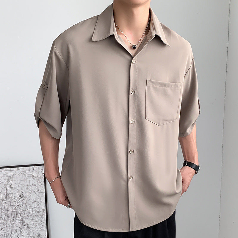 Chemise Homme Manches Courtes Tissu Soie Léger Boutonnage Détente Décontracté Été