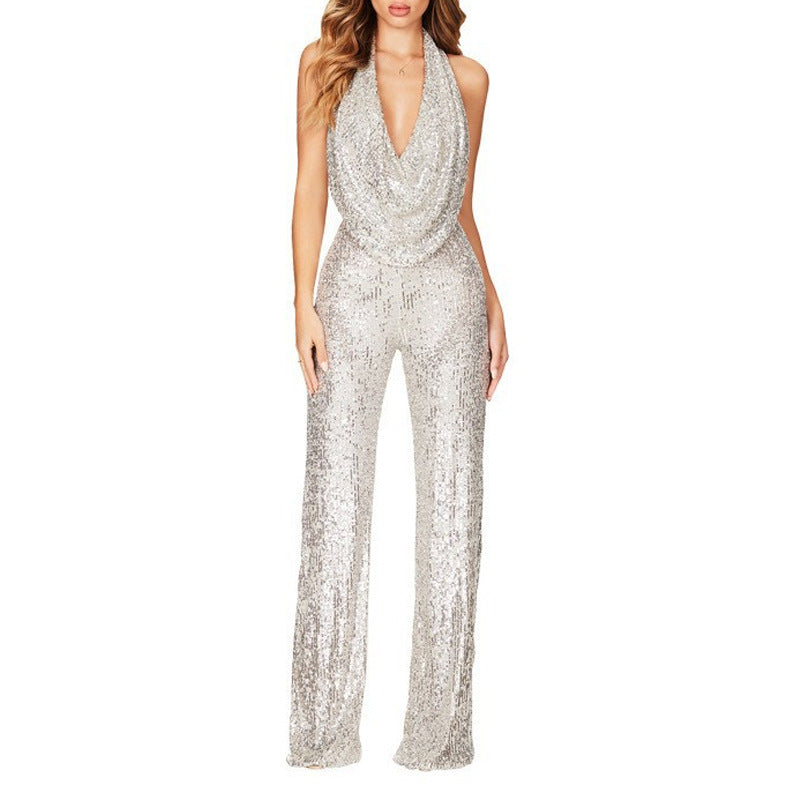 Damen Glitzerndes Jumpsuit mit tiefem V-Ausschnitt und weitem Bein Amawinc
