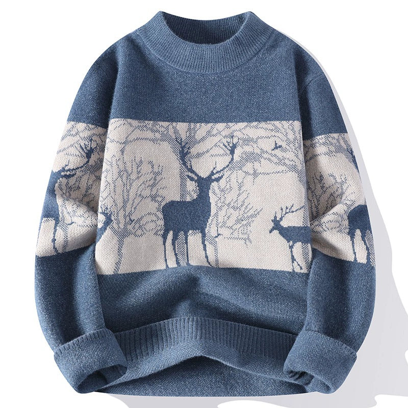 Pull Homme Maille Coupe Décontractée Col Montant Bord Côtelé Motif Cerf Style Nordique Chaud