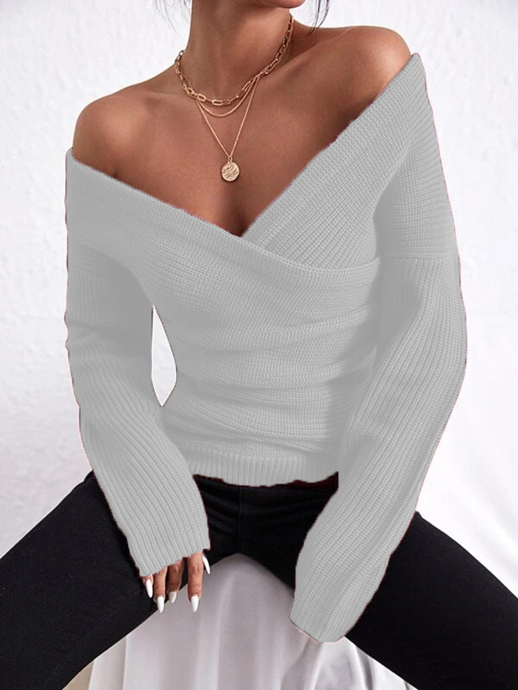 Pull Femme Coupe Slim Maille Côtelée Épaule Dénudée Encolure Cache Coeur En V Manche Longue Élégant Style Urbain