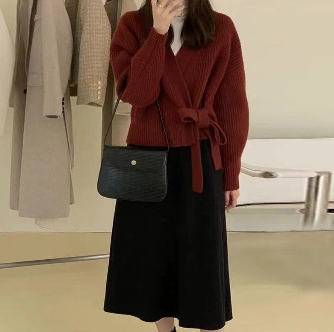 Damen Wickelstrickjacke mit weit geschnittenen Ärmeln und Taillengürtel Amawinc